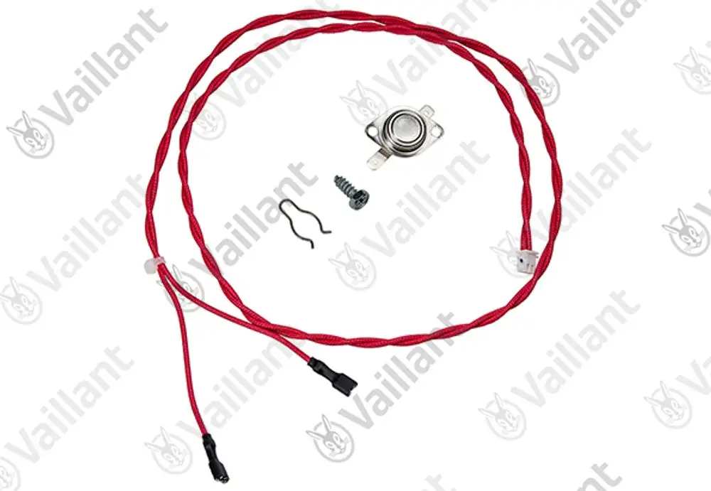 Vaillant Sensor mit Kabel, bestehend aus zwei roten Kabeln, einem Bimetall-Sensor, einer Schraube und einem kleinen Halteclip.